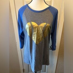 Blue and gray baseball jersey with gold metallic heart baseball